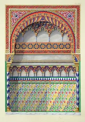 Elevação de uma alcova no Pateo del Agua, Alhambra, de "As Antiguidades Árabes da Espanha", gravada por W. Woolnoth, publicada em 1815 (gravura colorida)
